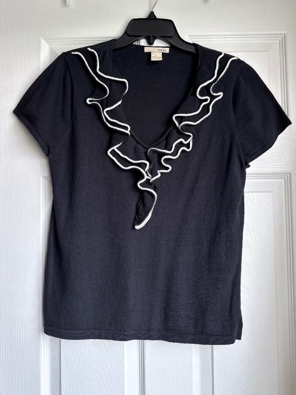 Evie Black Smooth Knit Ruffle V-Neck Top White Trim Cotton